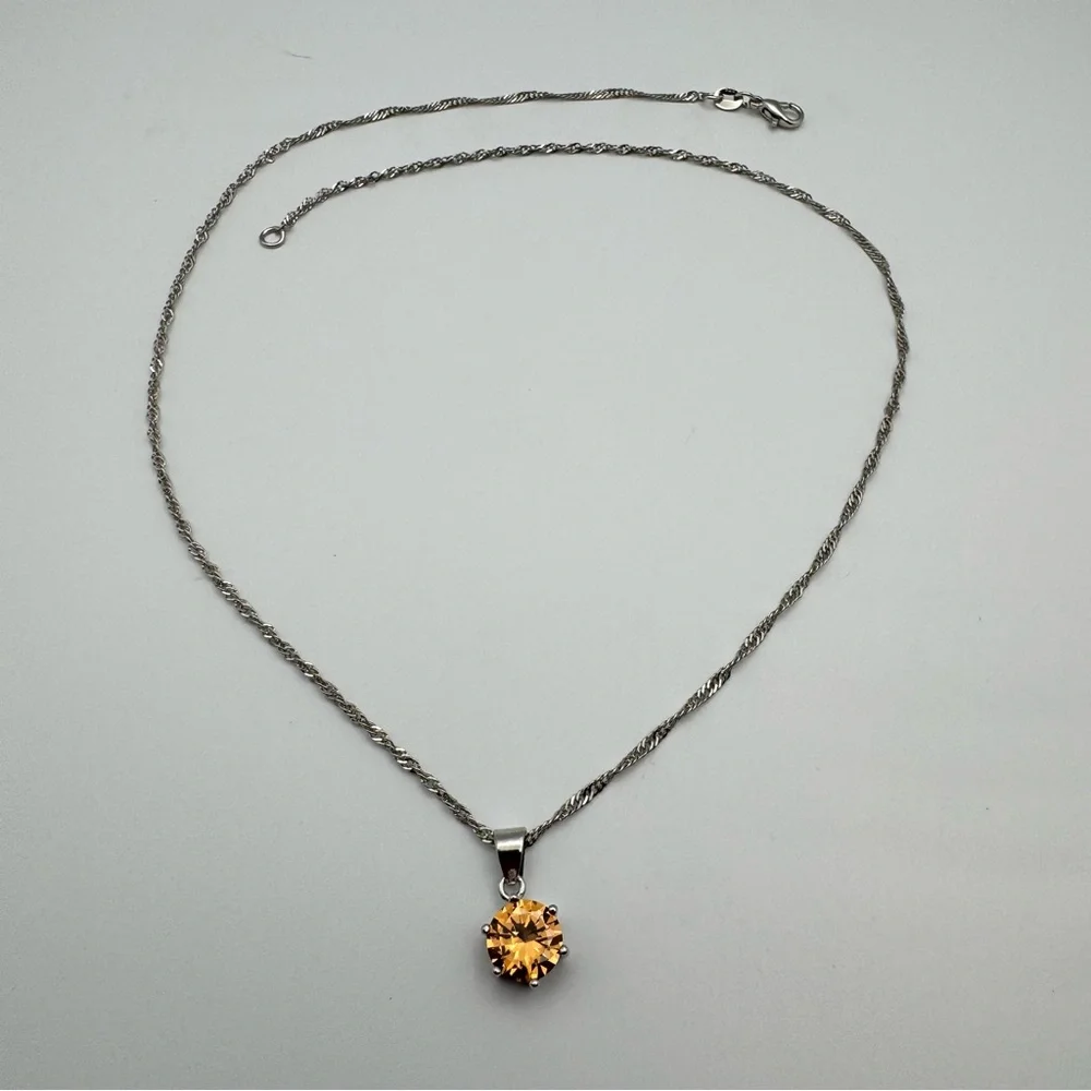 Beautiful Silver Round Champagne CZ Pendant Necklace 18”
